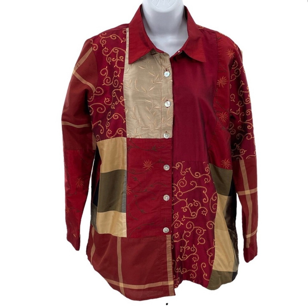 COLDWATER CREEK Red Patchwork Stretch Silk Button-Up Long Sleeve Lined Shirt M